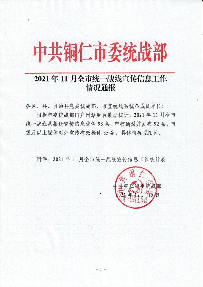 2021年11月全市统一战线宣传信息工作情况通报