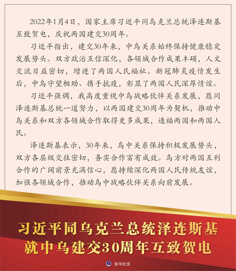 习近平同乌克兰总统泽连斯基就中乌建交30周年互致贺电